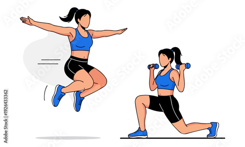Fitness women performing jumping jack and dumbbell lunge exercises