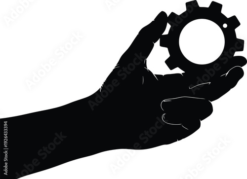 Silhouette of a hand gently holding a gear, conveying stability and precision