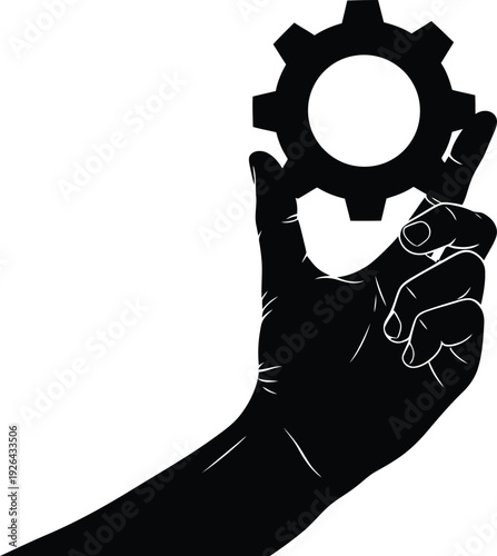 Silhouette of a hand gently holding a gear, conveying stability and precision