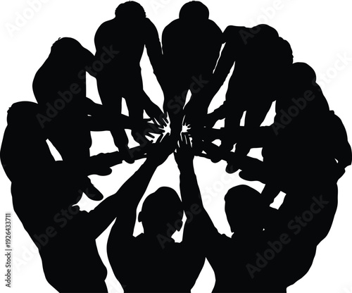 Silhouette of a team of people in a circle, clean white background. Minimalist design, high contrast, no colors other than black and white