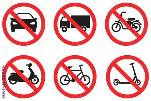 No Vehicle Entry Sign Vector Set, Transport Prohibition Icons, Road Safety Symbols, Restricted Access, Flat Minimalist Vector Design