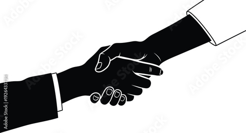 Silhouette of two hands clasping, slightly angled, conveying partnership and agreement, clean white background