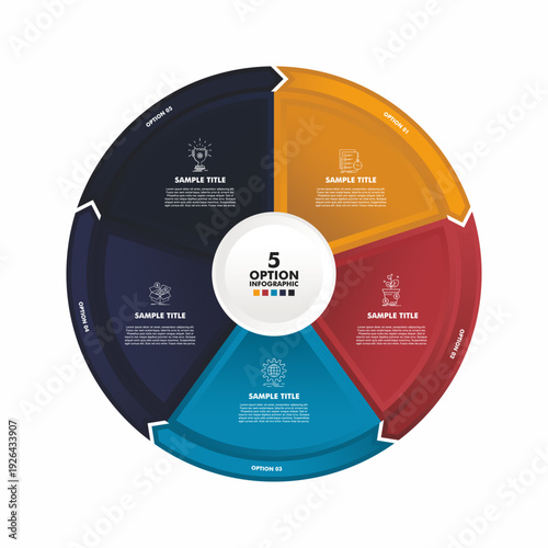 Circle chart infographic template with 5 options for presentations, advertising, layouts, annual reports. vector editable