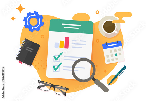 Audit report analytics business checklist icon vector work desk top view modern minimal illustration, marketing paper document research on table above, strategy optimization evaluation inspection
