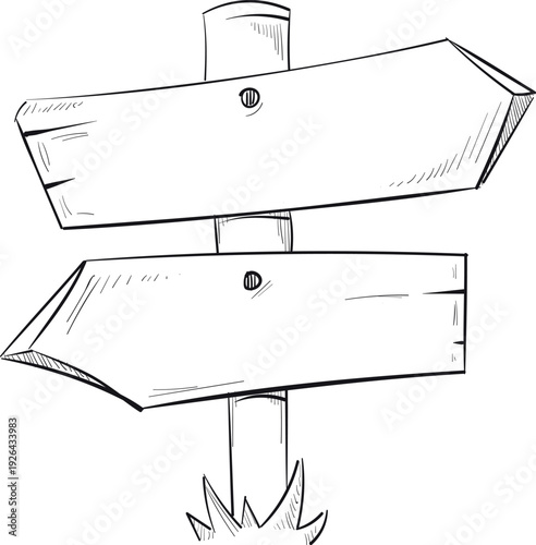 Wooden arrow signpost sketch. Empty signboard doodle
