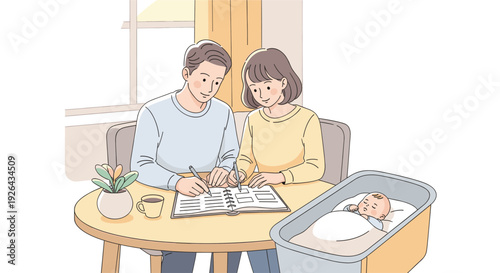 A young couple is planning their future together, writing in a planner next to their sleeping newborn baby in a cradle, creating a heartwarming and domestic scene.