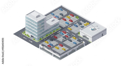 Isometric view of a modern building with a parking lot full of cars.