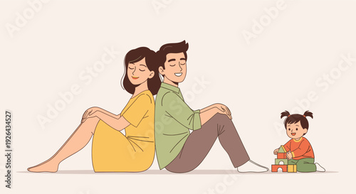 Cartoon illustration of a family, a mother and father sitting back-to-back and relaxing, while their child plays with colorful building blocks. Creates a peaceful and loving family moment.