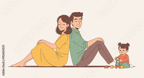 Illustration of a happy family relaxing together; a father and mother sit back to back while their toddler daughter plays with blocks nearby in a warm, loving scene.