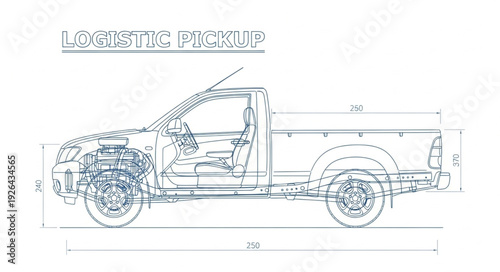 Vintage Truck Technical Drawing Illustration.
