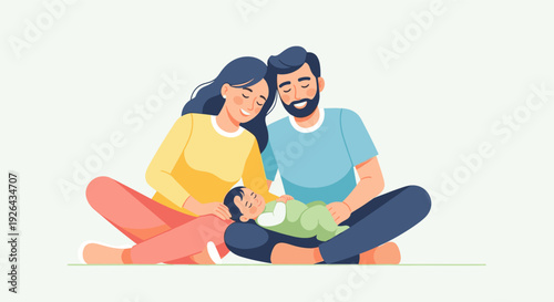 A happy couple sit cross legged and cradle their newborn baby with love and smiles, creating a heartwarming family moment.
