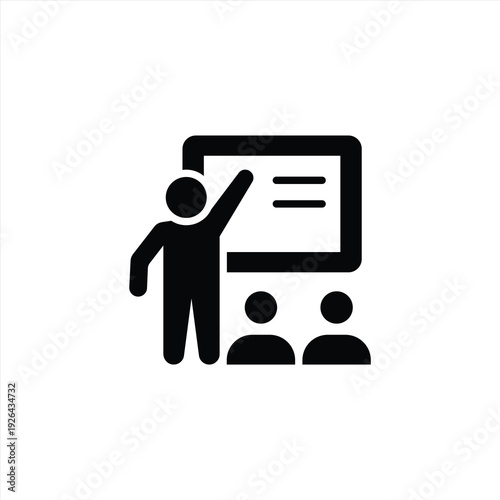 Simple icon of a teacher pointing at a presentation board with students watching, illustrating teaching, learning, and classroom settings.