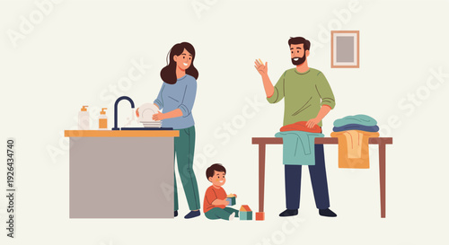 Illustrated family consisting of a woman washing dishes, a man folding laundry, and a child playing with blocks, shows family helping each other at home.