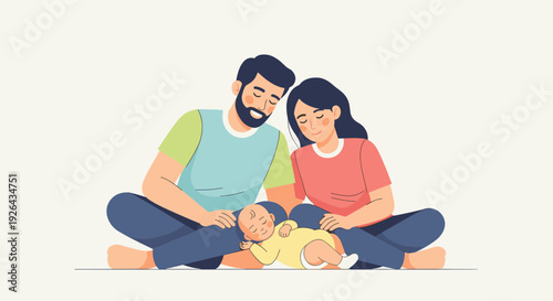 A flat vector illustration depicts a mother and father sitting cross legged while adoring their sleeping newborn, radiating warmth and family love in soft colors.
