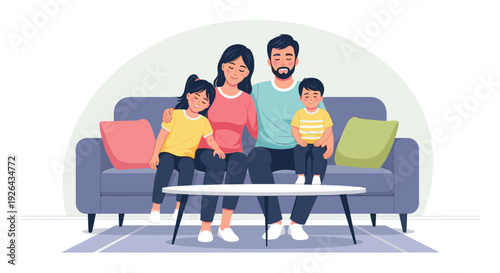 A loving family, including mother, father, daughter and son, relaxing on a blue couch in their living room, exuding warmth and togetherness, perfect for depicting family values.