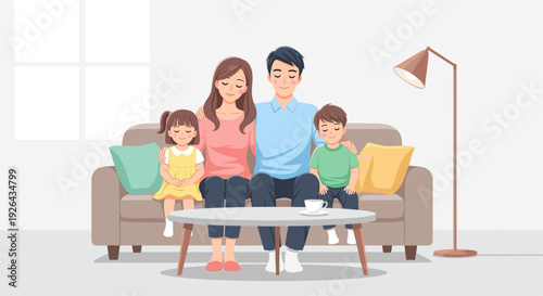 Cartoon style illustration of a happy Asian family: mother, father, son, and daughter sitting together on a sofa in their living room with a light and table.