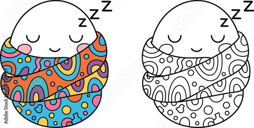 Cute Sleeping Swaddled Baby with Colorful Blanket Vector Dreamy Nursery Graphic