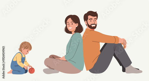 Happy family vector illustration featuring a mother and father sitting back-to-back while their toddler son plays with a red ball on the floor, creating a heartwarming and peaceful scene.
