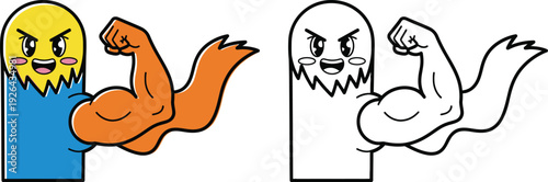 Strong and Cute Cartoon Character Flexing Biceps Playful Mascot Showing Strength and Determination in Color and Outline Versions