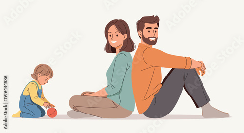 Illustrated happy family consisting of a mother, father, and toddler child sitting back-to-back indoors playing with a red ball, creating a warm and loving mood.