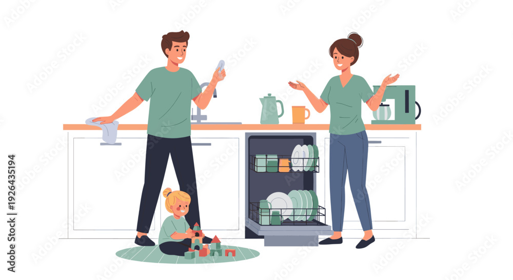 Fototapeta premium Happy family loading the dishwasher in the kitchen while their young daughter plays with building blocks on the rug, creating a sense of togetherness.