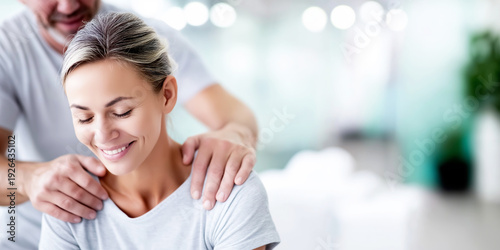 Free Download Woman receiving relaxing back massage from male masseur, enjoying pain relief and wellness treatment - GFXLoad