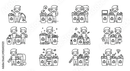 Children engaging in various recycling and waste sorting activities