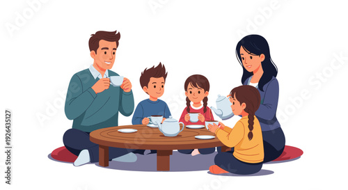 Illustration of a family enjoying tea together, sitting around a round wooden table on cushions, in a relaxed and happy atmosphere with soft, inviting colors.