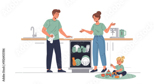 Young family depicted in a cartoon style is emptying dishwasher as their toddler daughter plays with blocks nearby in a bright, modern kitchen scene.