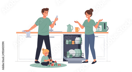 Happy family loading the dishwasher in the kitchen while their young daughter plays with building blocks on the rug, creating a sense of togetherness.