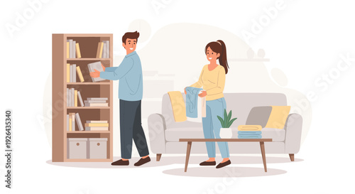 A young couple organizing and cleaning their cozy living room; he is arranging books on a shelf, she is folding towels near a modern sofa, creating a domestic and peaceful atmosphere.