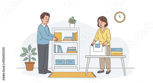 A minimalist cartoon illustration of a couple organizing their home; the man is placing books on the shelf while the woman is folding laundry. Could represent teamwork, family, or domestic life.