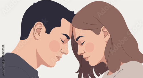 A stylized illustration of a man and woman with their foreheads touching, eyes closed, in a moment of quiet intimacy against a light background, conveying calm and connection.