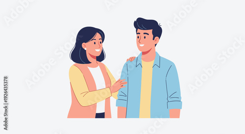 Illustration of a woman offering support and comfort by placing her hand on a man's shoulder, both smiling in a modern minimalist style. Could represent support, empathy, relationship.