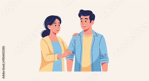 Drawn illustration of a loving couple embracing with tender smiles, showcasing a supportive and affectionate relationship. Ideal for health, family, and lifestyle-themed campaigns.