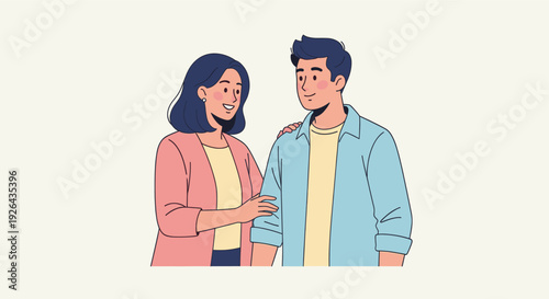An illustration showing an affectionate couple, with a woman placing her hand on the man's shoulder in a tender moment, rendered in a simple, clean, and modern style.