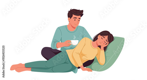 An illustration of a caring man bringing a cup of tea to a depressed woman lying on a pillow. Represents support, care, illness and mental health.