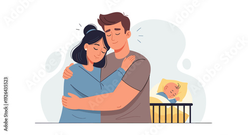 A young couple embraces, filled with love, watching their baby sleep peacefully in its crib, creating a heartwarming and tender family moment.