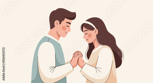 A young couple with soft coloring lovingly holds hands, their eyes closed in a moment of affection, suggesting intimacy, love, and connection in a modern illustrative style.