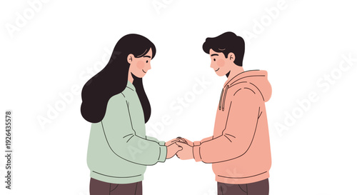 A minimalist illustration of a young couple tenderly holding hands, symbolizing love, support, and connection against a clean white background, ideal for relationship or well-being themes.