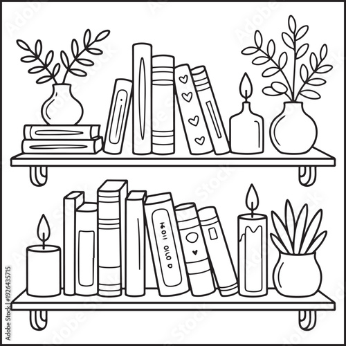 Bookshelf Arrangement Coloring Page with Books and Decor – Home Library Interior Illustration for Kids and Adults, Printable Coloring Sheet Icon
