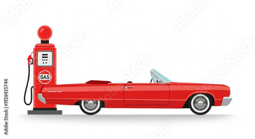 Vintage Red Convertible Car Refueling.