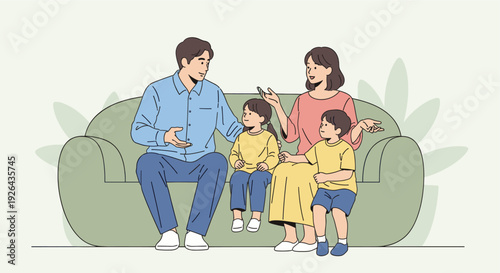 Illustration of a loving family, including parents and two children, happily talking and bonding together while sitting on a green couch at home.