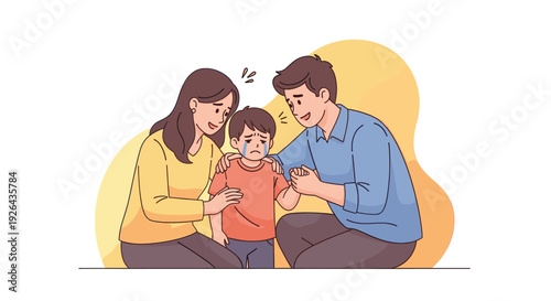 A vector illustration depicts caring parents consoling their upset son, who is crying, providing comfort and support in a pastel-colored family scene.
