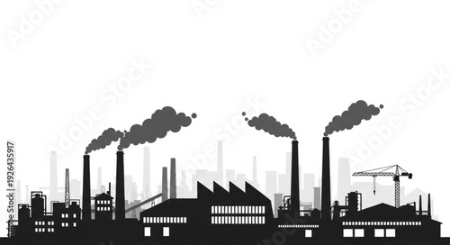 Silhouette of an industrial factory with smoke stacks and buildings against a white background.