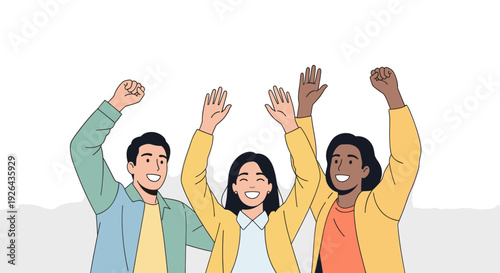 Illustration of three diverse young adults with arms raised in celebration against a white background, expressing joy, success, and teamwork. For presentations, web use, and designs.
