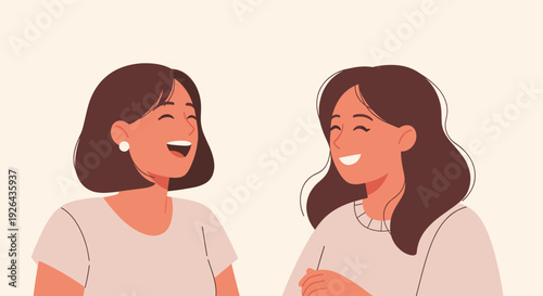 Two women smile and laugh together, creating a warm, friendly scene suitable for depicting friendship, conversation, or positive interaction in a stylized vector illustration.