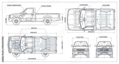 Vintage Truck Blueprint Technical Drawing.