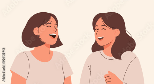 Illustration of two young women with brown hair laughing while facing each other, showcasing friendship and positive emotion in a minimalist, vector style.
