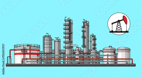 Oil refinery plant with storage tanks and processing towers, industrial complex.